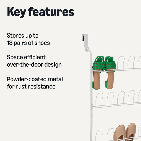 Amazon Basics 18-pair capacity shoe rack keeps footwear organized and accessible.
