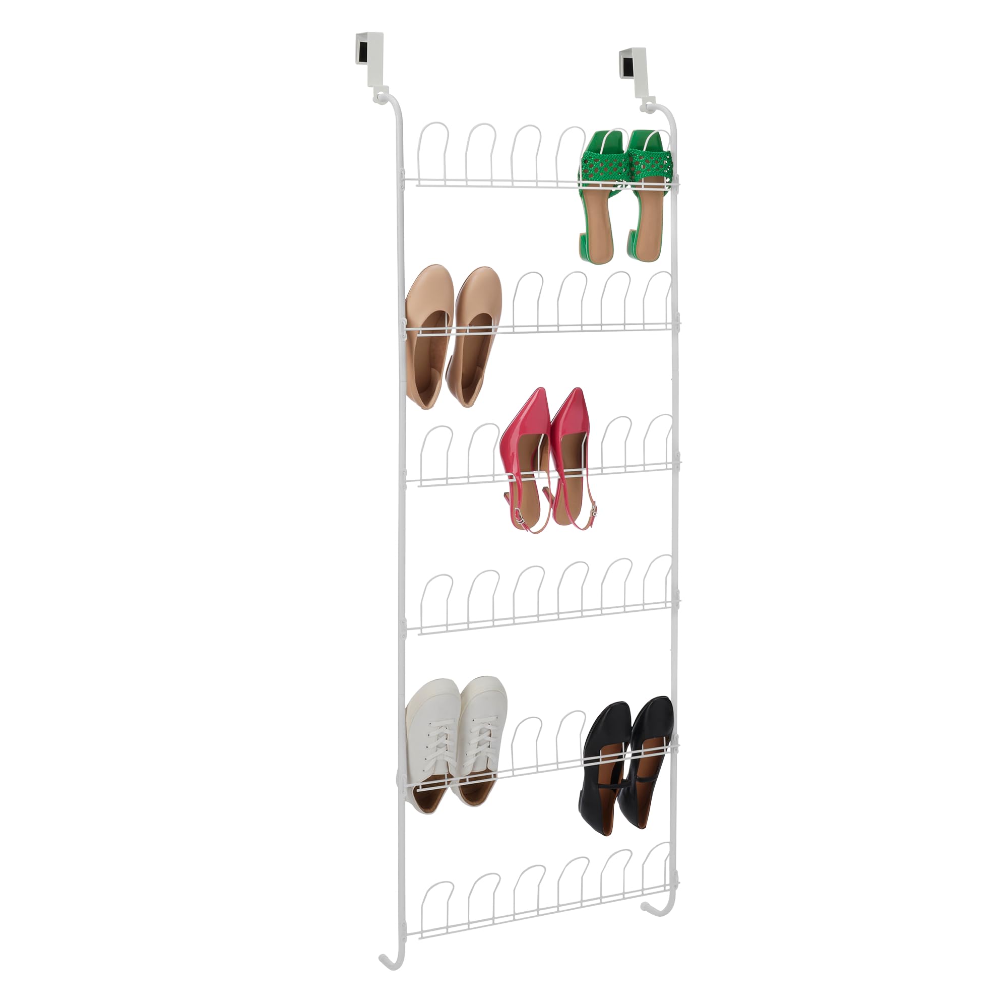 Amazon Basics over-the-door shoe rack assembly enables quick setup.