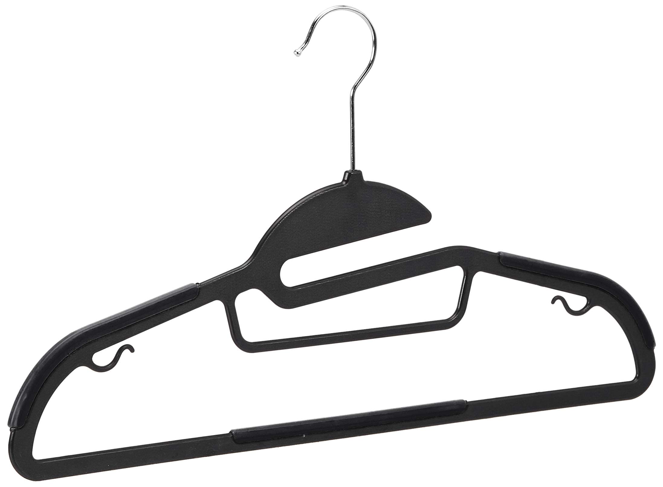 Amazon Basics 50-pack gray hangers maximize closet space and organization.