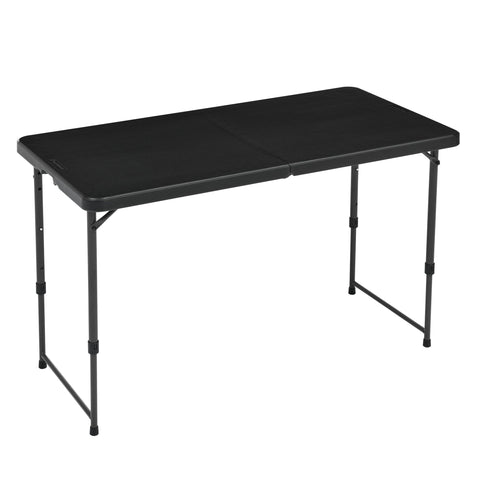 Amazon Basics portable 4ft folding table with carrying handle for easy transport.