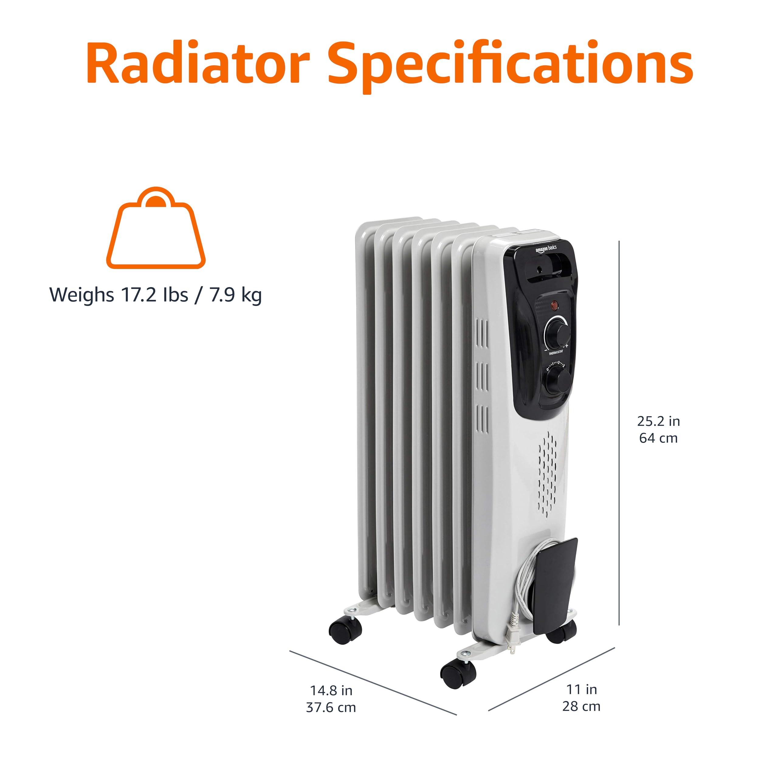 Amazon Basics portable oil radiator heater control panel, easy three-heat settings.