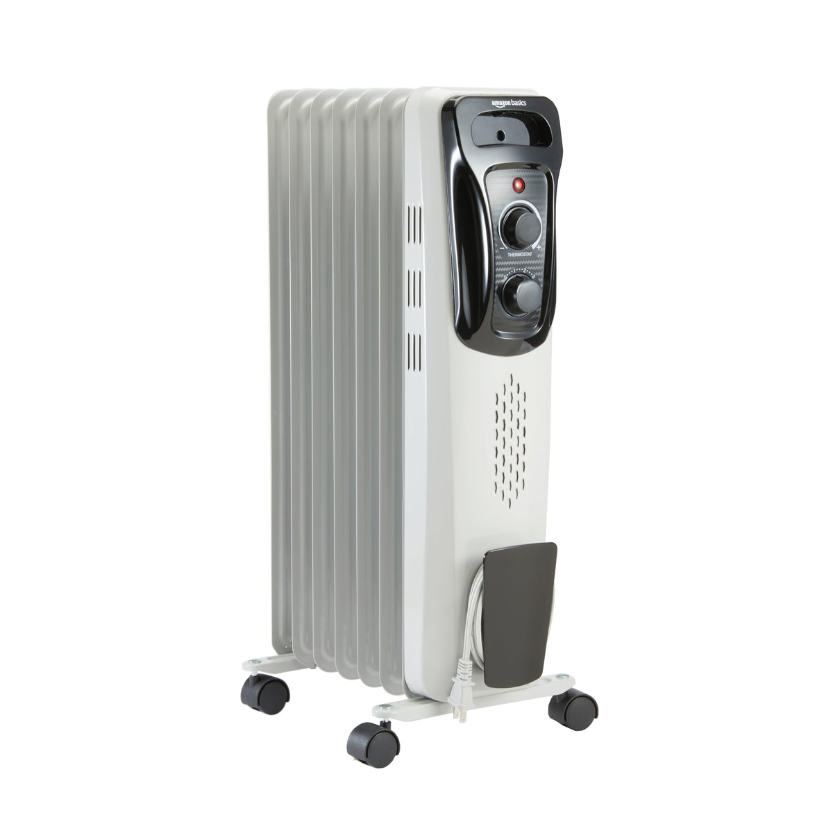 Amazon Basics portable oil radiator heater front view, compact design for space-saving warmth.