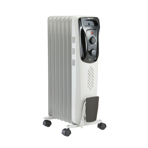 Amazon Basics portable oil radiator heater front view, compact design for space-saving warmth.