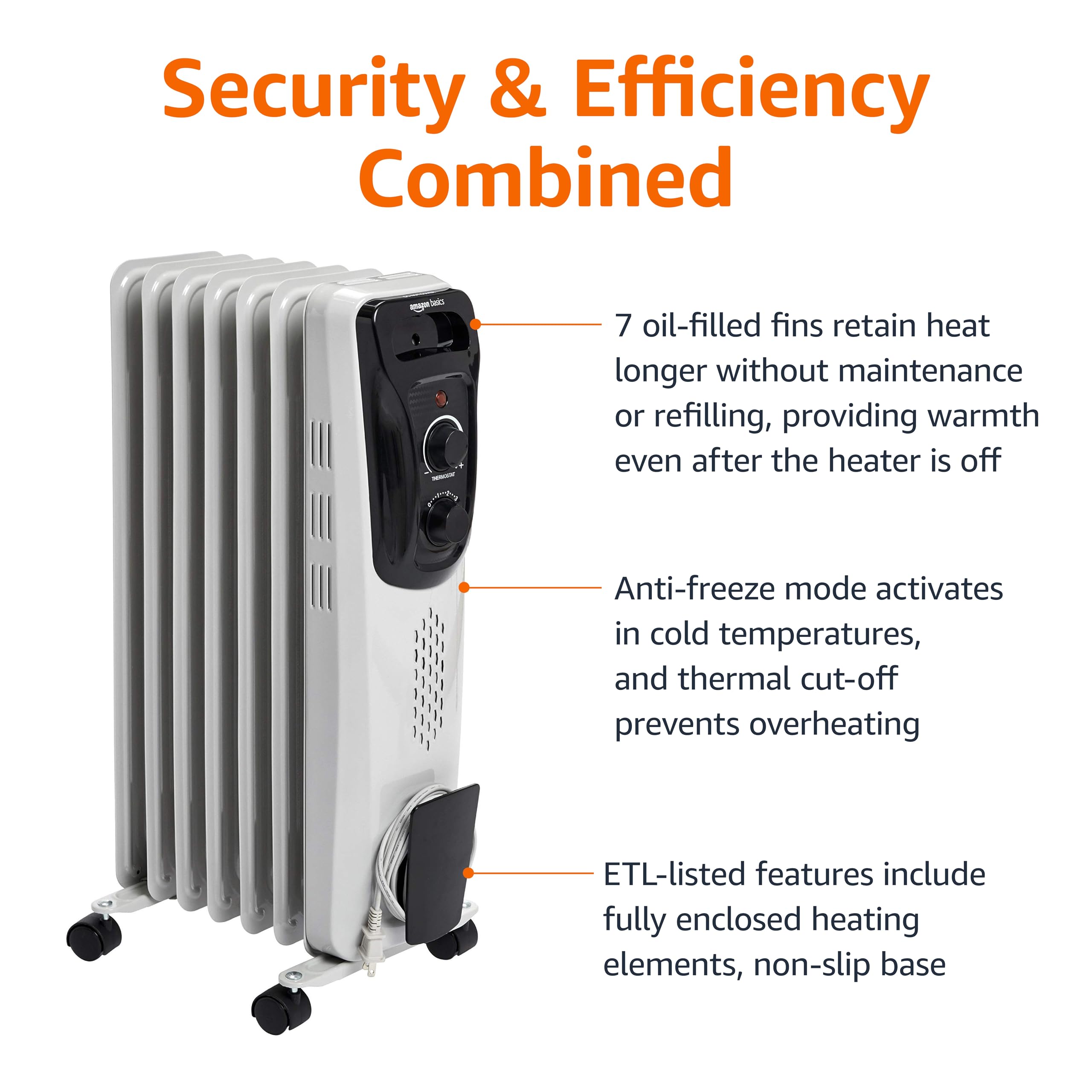 Amazon Basics portable oil radiator heater with wheels, easy room-to-room mobility.