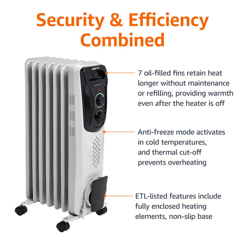 Amazon Basics portable oil radiator heater with wheels, easy room-to-room mobility.