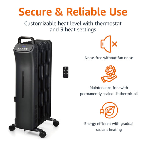 Amazon Basics portable oil space heater remote control panel for easy temperature tweaks