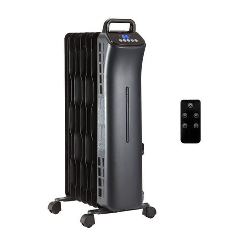 Amazon Basics portable oil space heater with remote front view for adjustable warmth