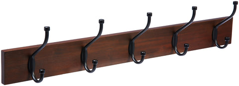 Amazon Basics rectangular farmhouse coat rack mounted on wall with five sturdy double hooks for entryways.