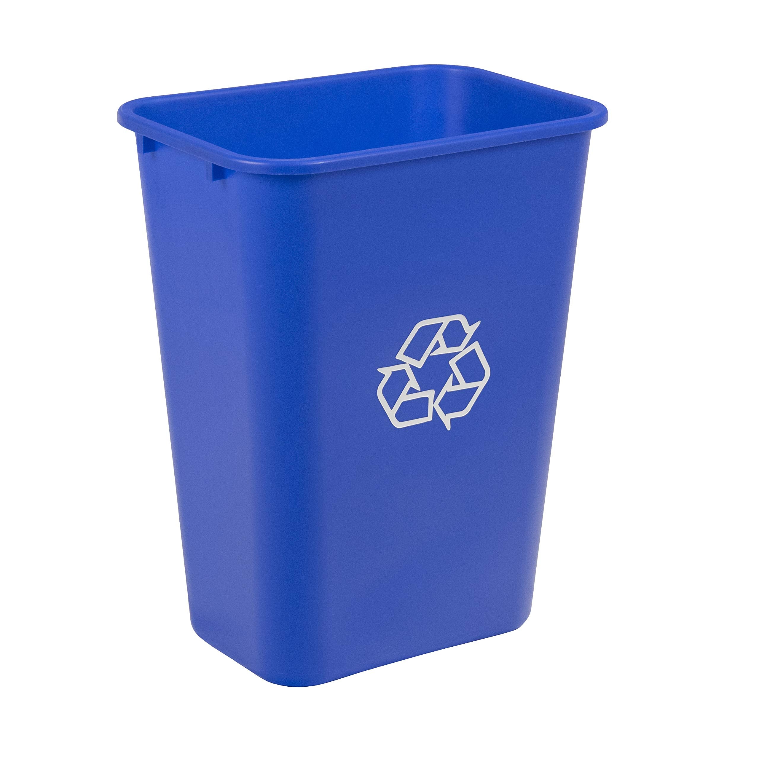 Amazon Basics rectangular 10-gallon blue wastebasket for busy offices.