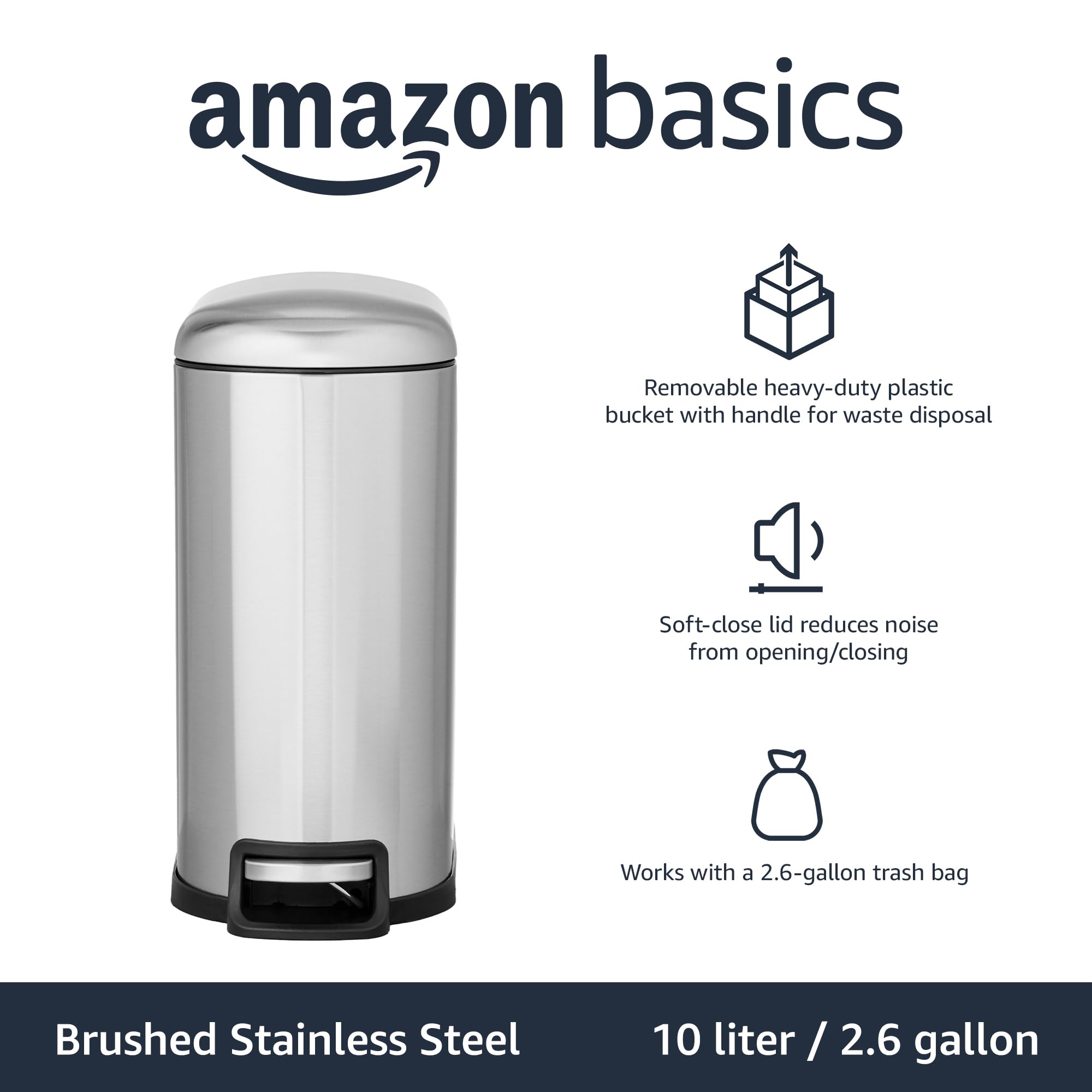 Amazon Basics trash can with removable inner bucket for easy emptying.