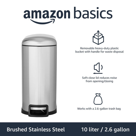 Amazon Basics trash can with removable inner bucket for easy emptying.