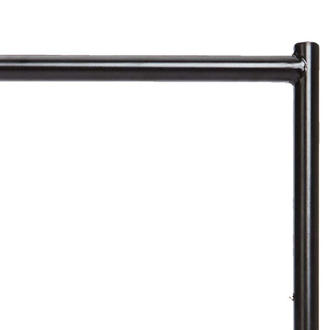 Rolling garment rack used in a retail display setting by Amazon Basics.