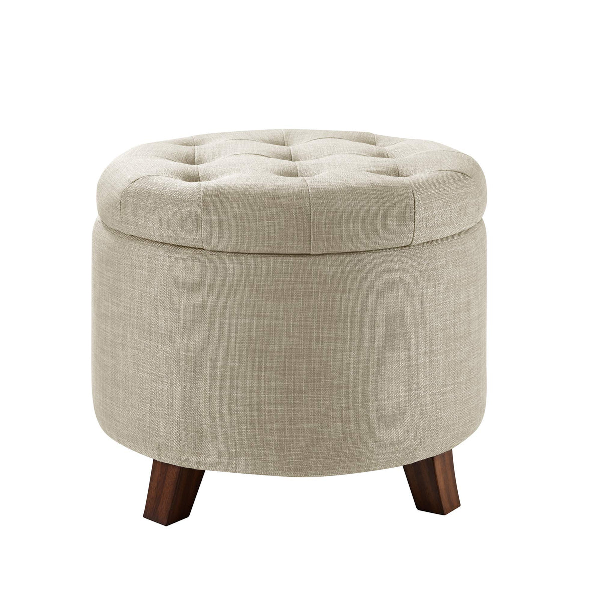 Amazon Basics round storage ottoman beige fabric with concealed storage for tidy living rooms.
