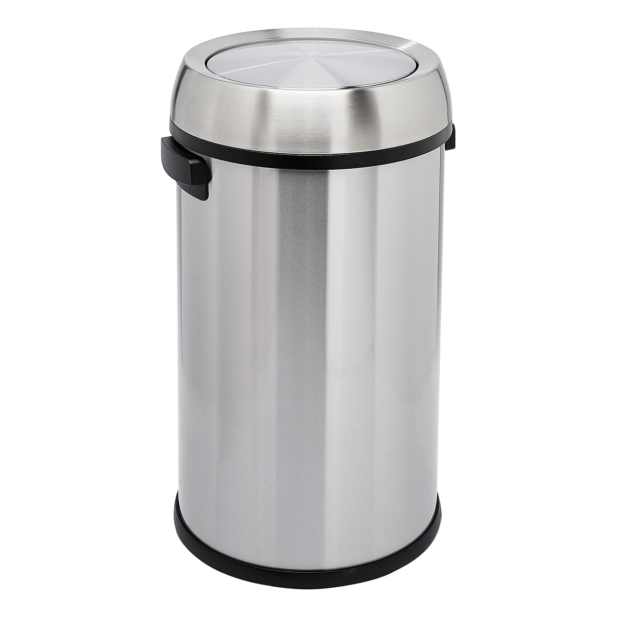 Amazon Basics round trash can with swing lid for easy one-handed use.