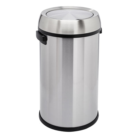 Amazon Basics round trash can with swing lid for easy one-handed use.