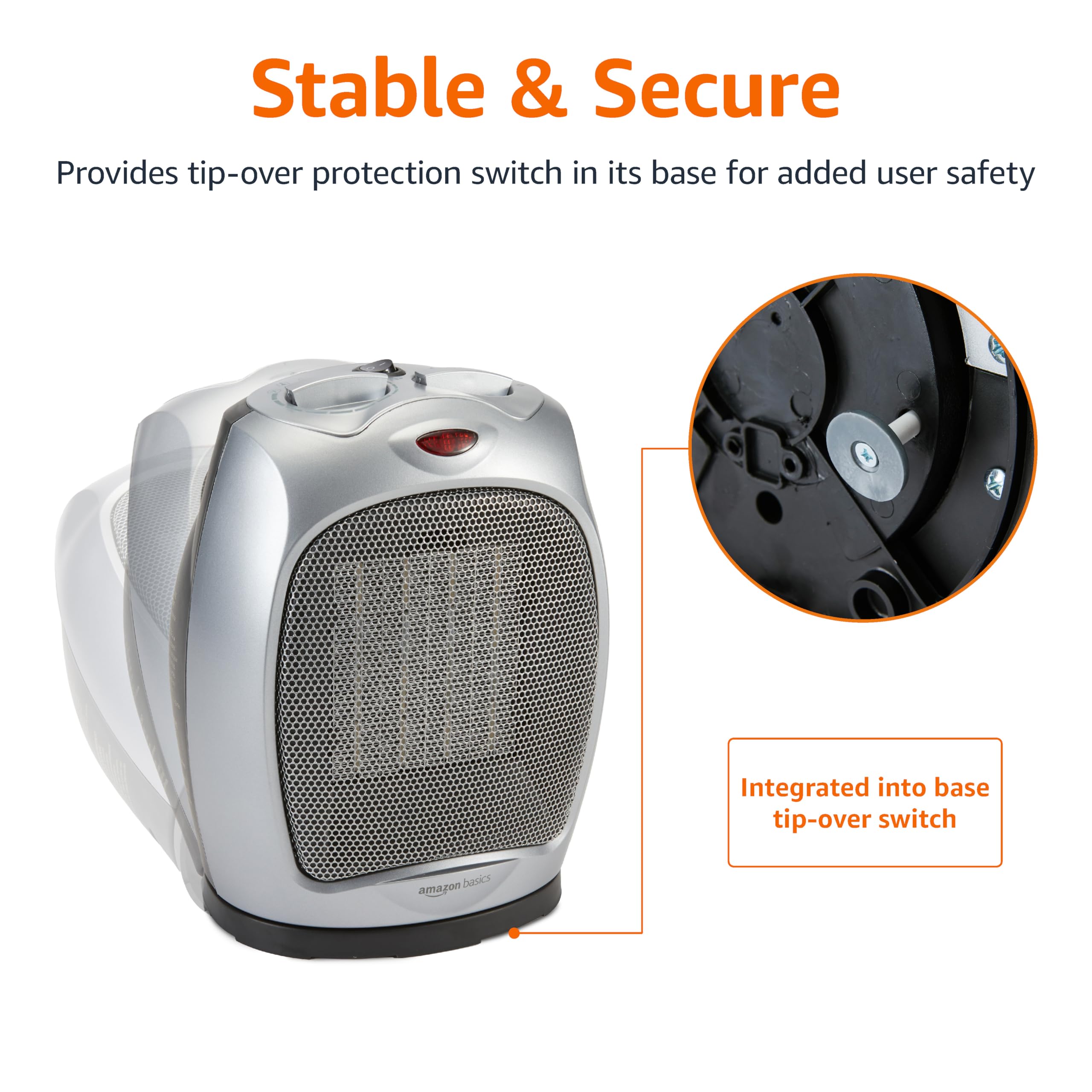 Amazon Basics safety features include tip-over and overheat protection indicators.