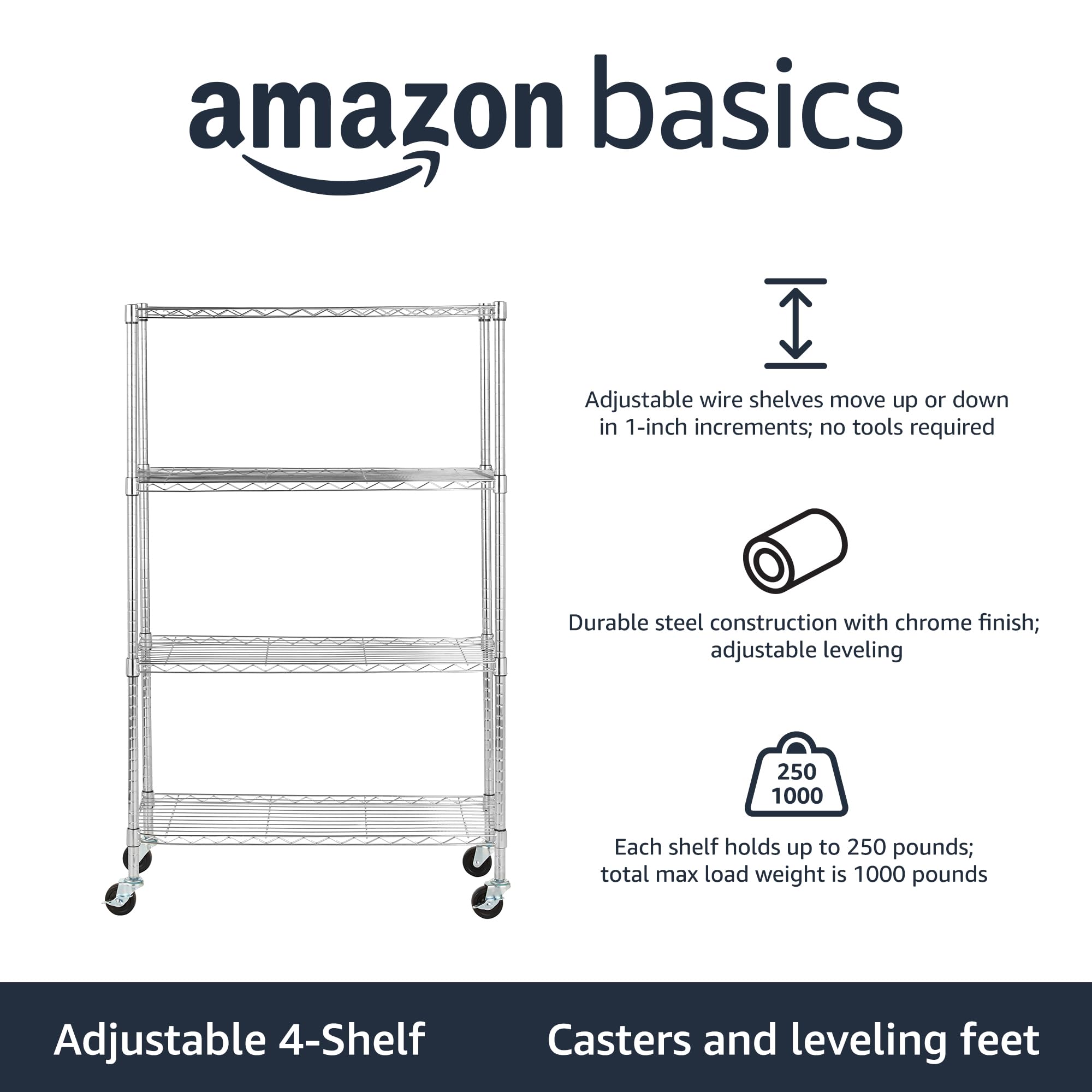 Amazon Basics wheeled shelving unit with casters for easy mobility and repositioning