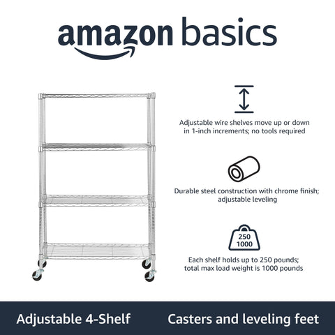 Amazon Basics wheeled shelving unit with casters for easy mobility and repositioning
