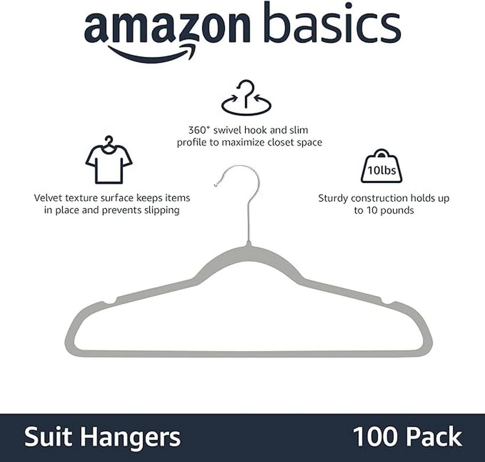 Amazon Basics slim-profile hangers maximize closet space for shirts and jackets.