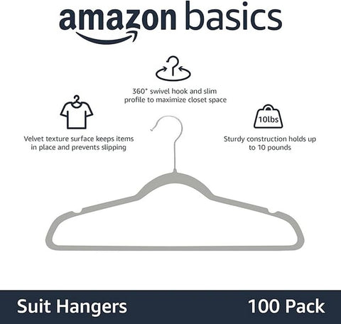 Amazon Basics slim-profile hangers maximize closet space for shirts and jackets.