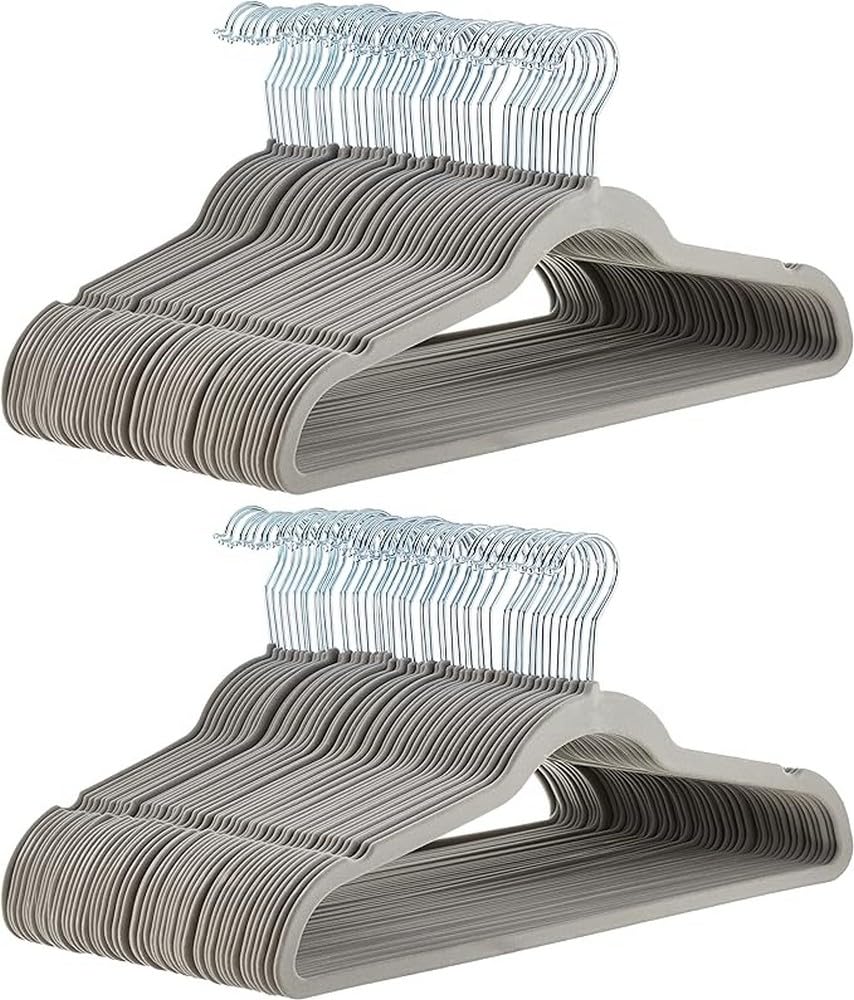 Amazon Basics slim velvet hangers in gray-silver finish for organized closet space and non-slip grip.