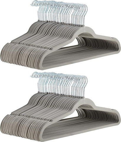 Amazon Basics slim velvet hangers in gray-silver finish for organized closet space and non-slip grip.