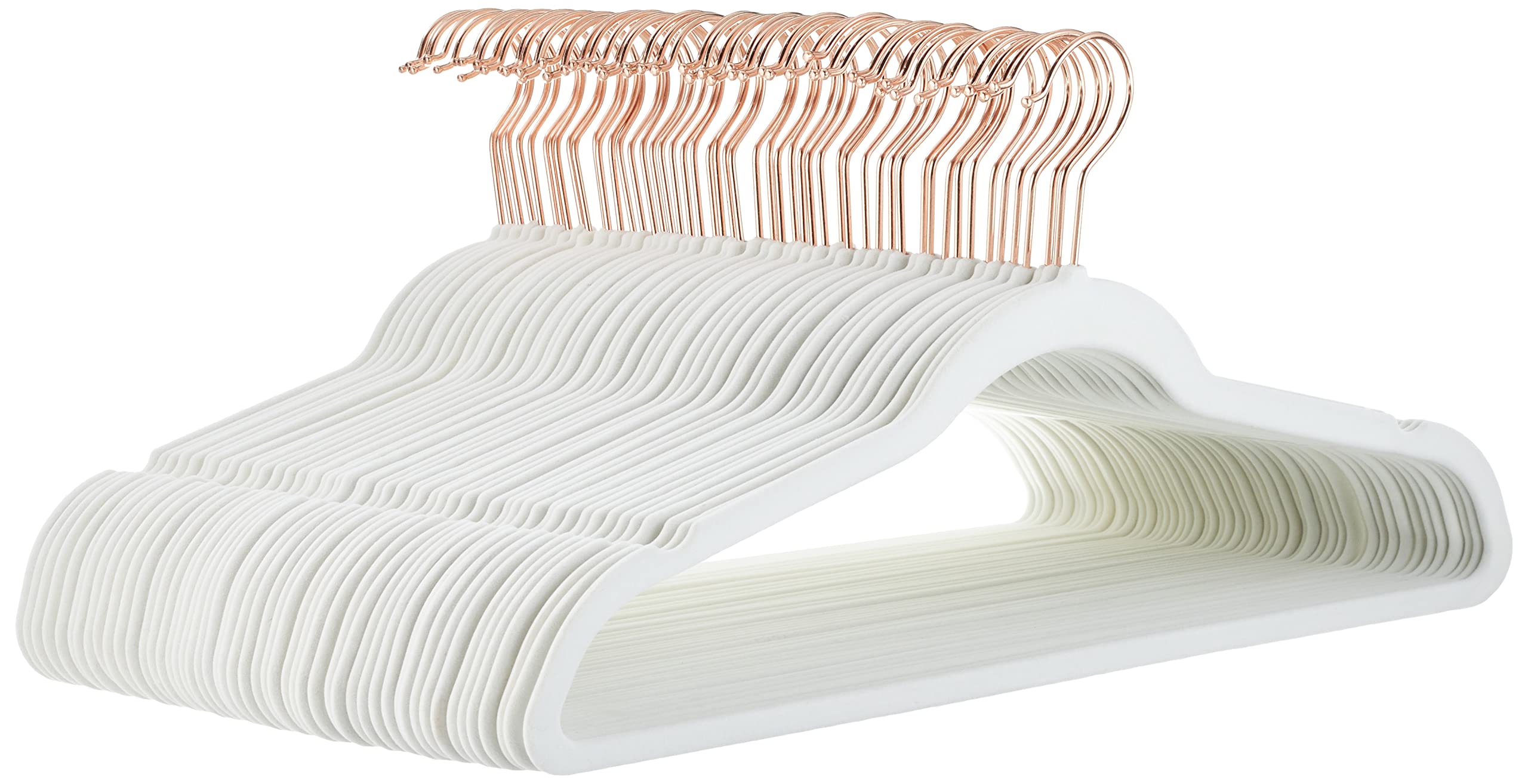 Amazon Basics velvet non-slip hanger with ivory rose gold finish holds shirts securely.