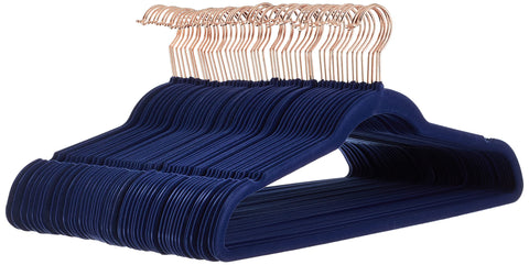 Amazon Basics slim velvet hangers navy-rose-gold keep garments secure and closet space-efficient.