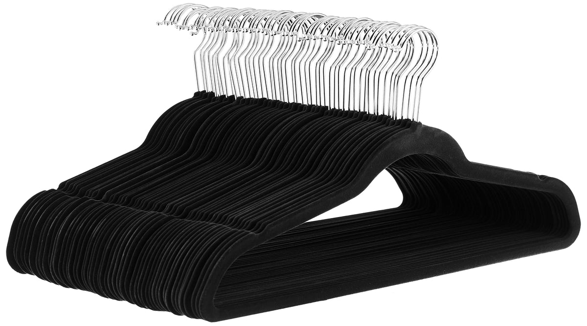 Amazon Basics slim velvet hangers for suits keep shirts wrinkle-free and space-saving.