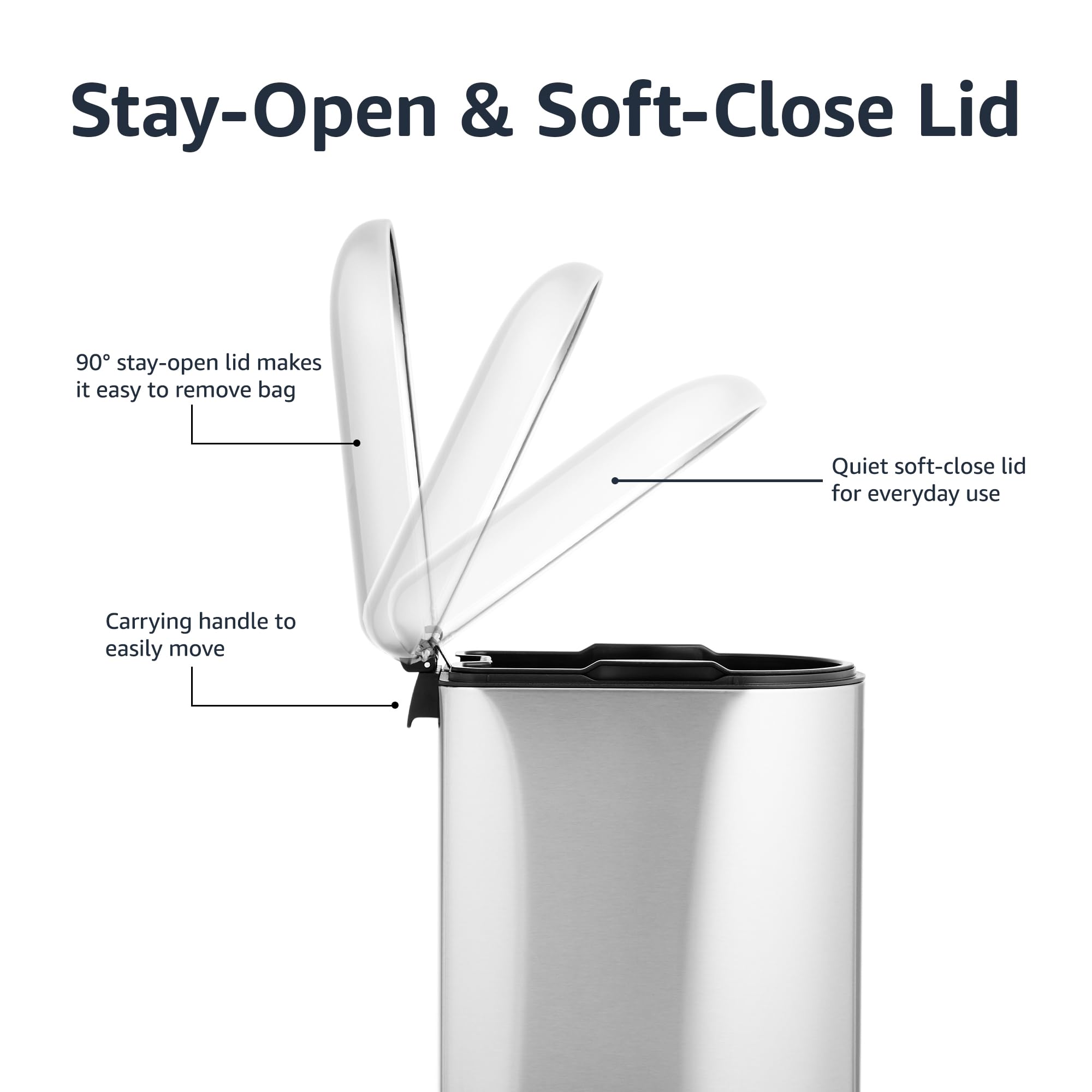 Amazon Basics trash can features smudge-resistant stainless steel exterior.