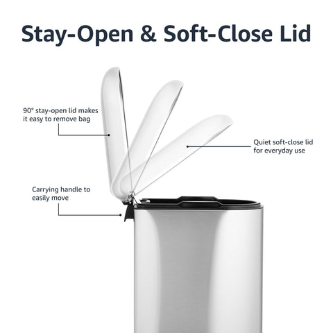 Amazon Basics trash can features smudge-resistant stainless steel exterior.