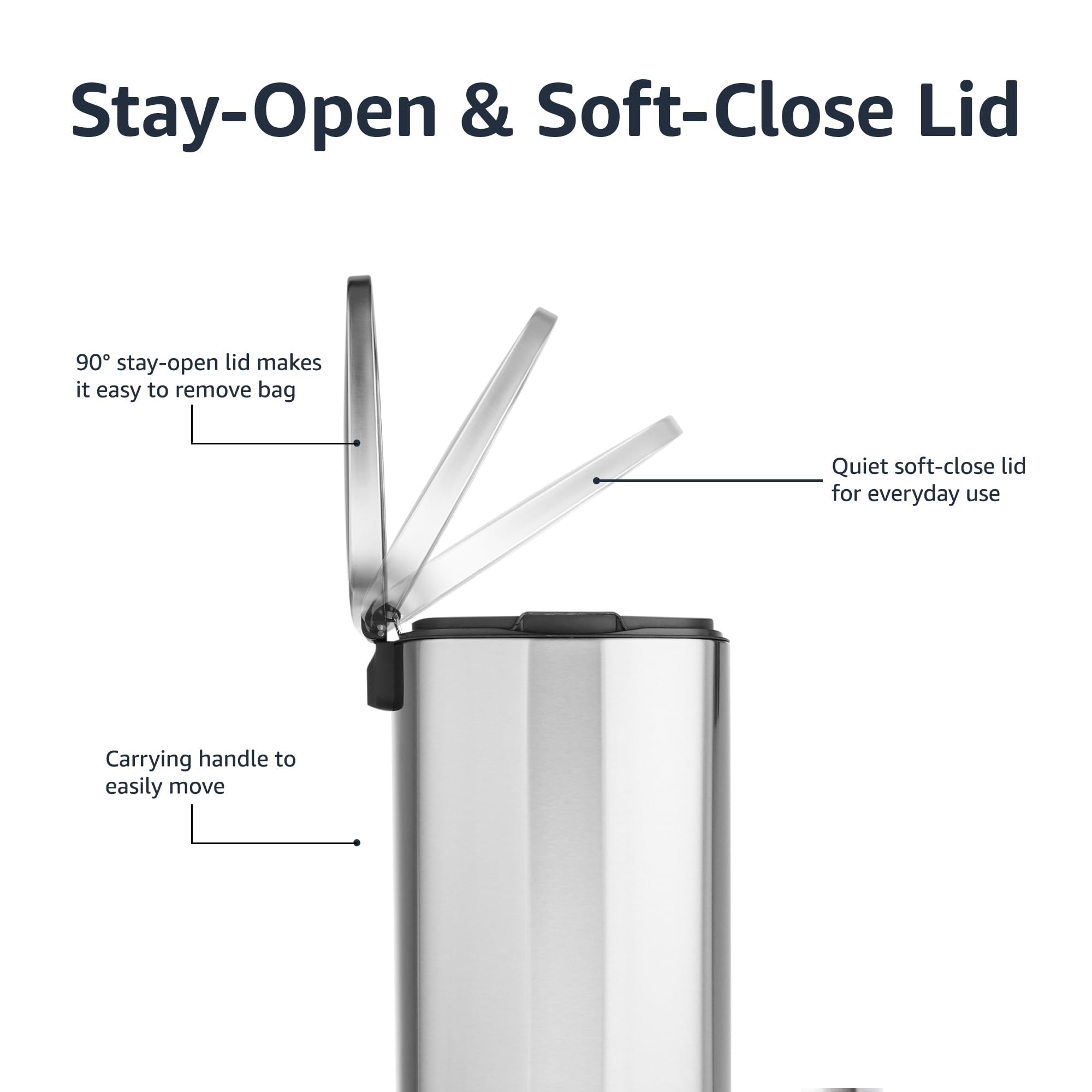 Amazon Basics 50L trash can showing dimensions suitable for home or office
