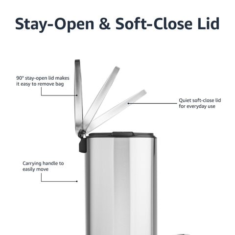 Amazon Basics 50L trash can showing dimensions suitable for home or office