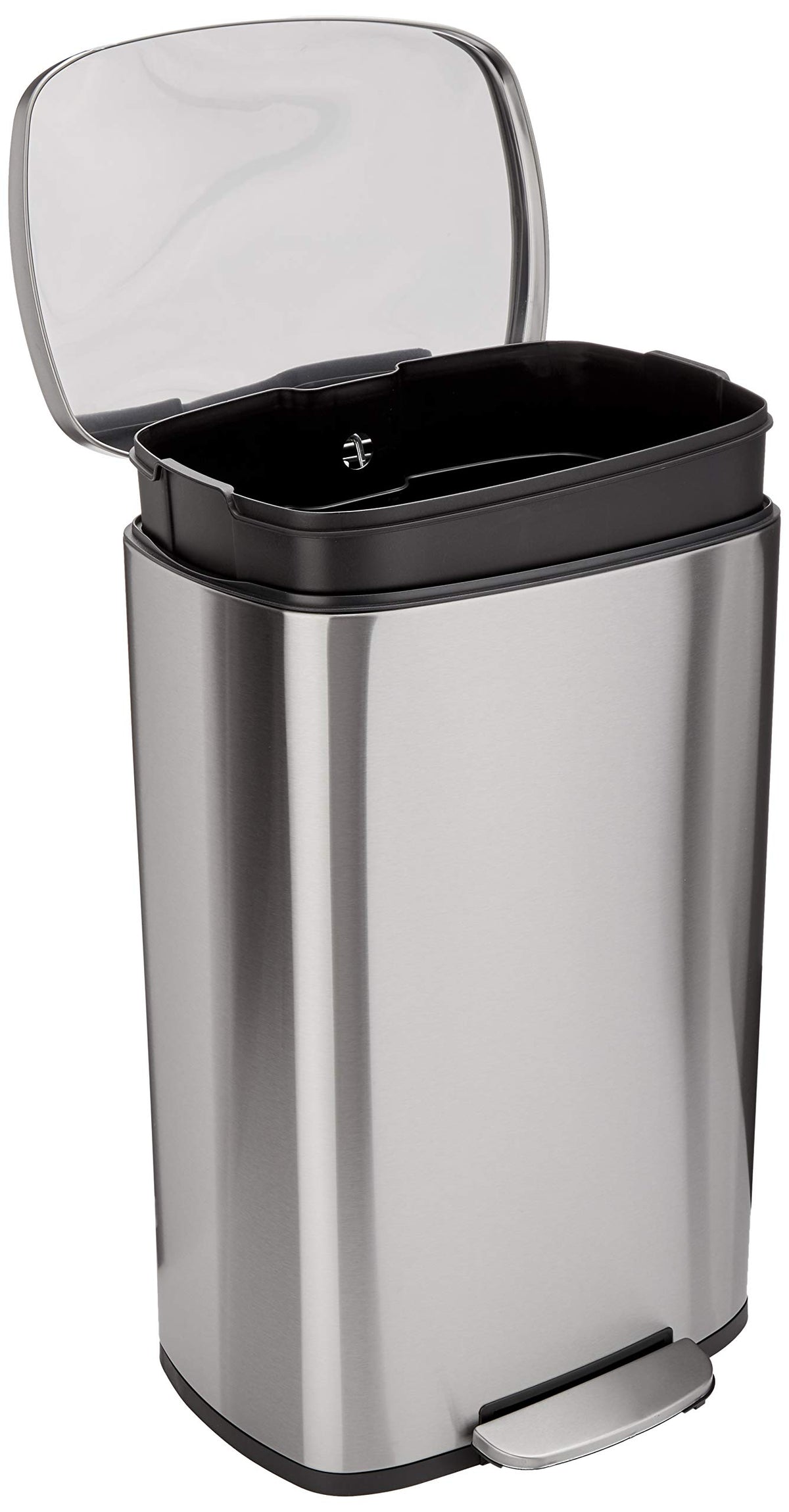Amazon Basics smudge-resistant rectangular trash can body in a modern kitchen setting