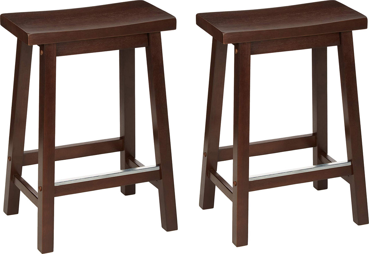 Amazon Basics solid wood saddle-seat counter-height stool front view with ergonomic shape and walnut finish.