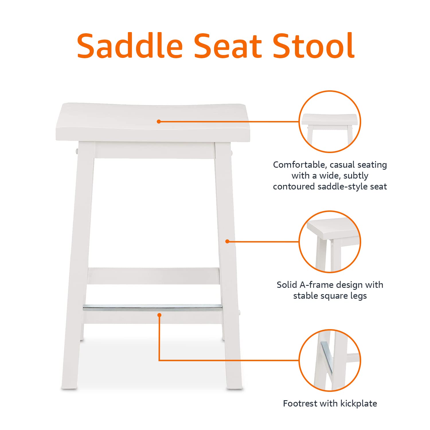 Amazon Basics solid wood saddle-seat stool, kitchen view, fits 36-39 inch counters with footrests.