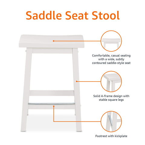 Amazon Basics solid wood saddle-seat stool, kitchen view, fits 36-39 inch counters with footrests.