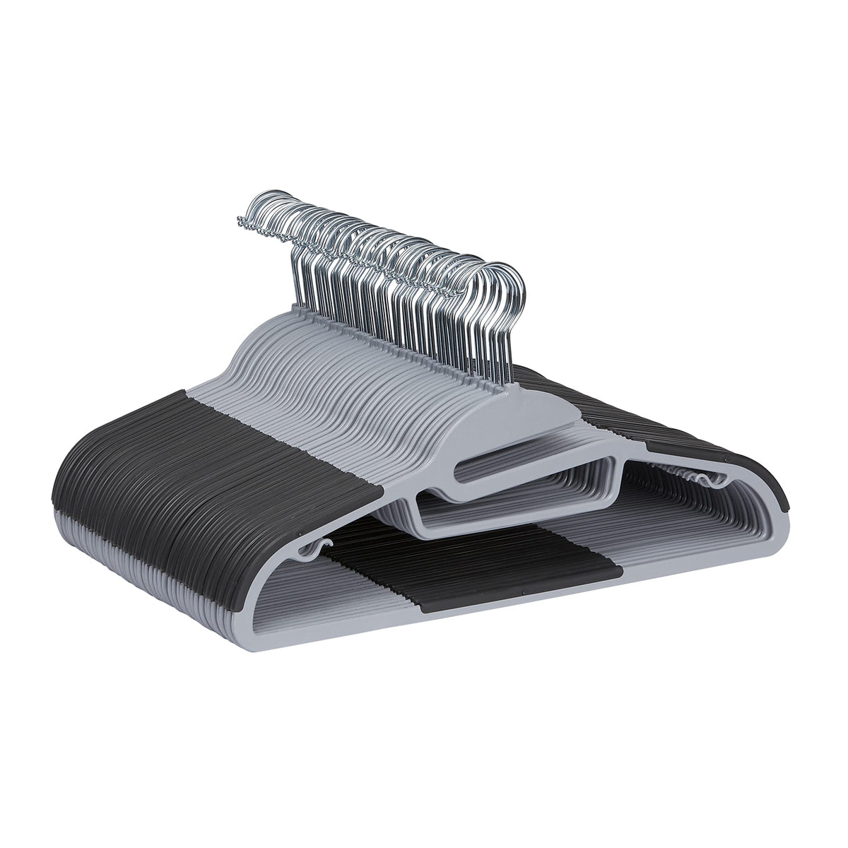 Amazon Basics space-saving hangers with 360-degree swivel keep shirts and jackets neatly arranged.