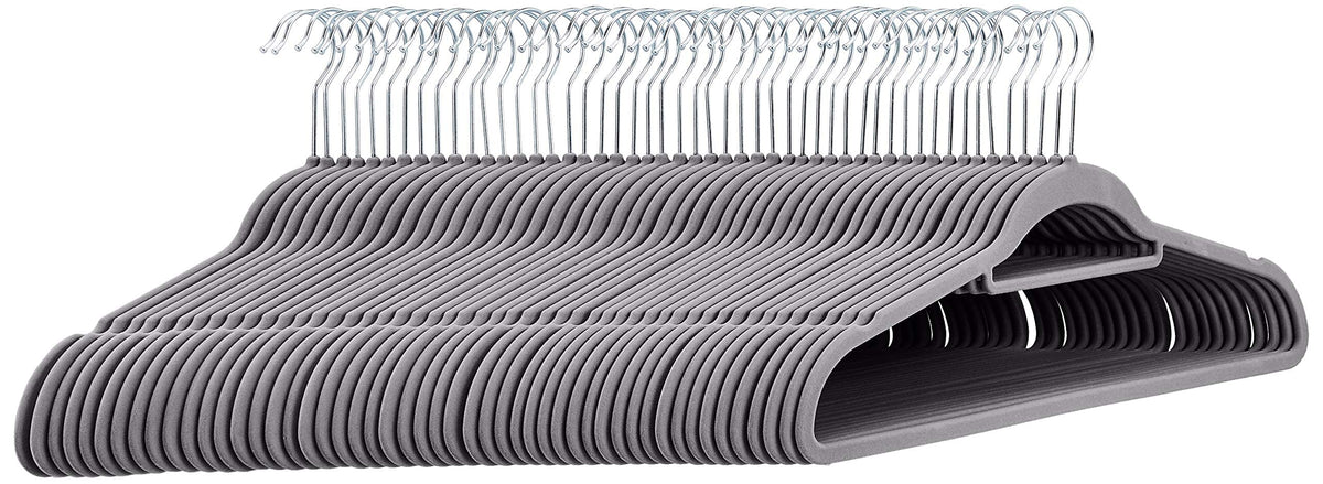 Amazon Basics space-saving hangers in a full pack optimize closet organization
