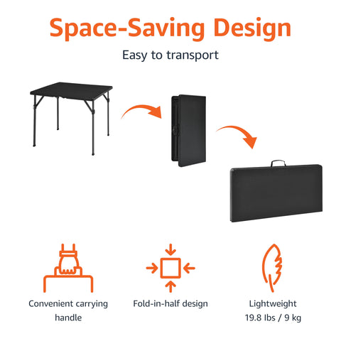 Amazon Basics square black dining table highlighting a stable, compact surface.