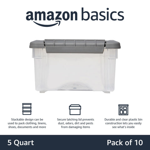Amazon Basics clear, stackable bin showing contents for quick organization.