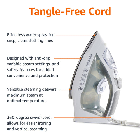 Amazon Basics steam iron with auto shut-off enhances safety during ironing.