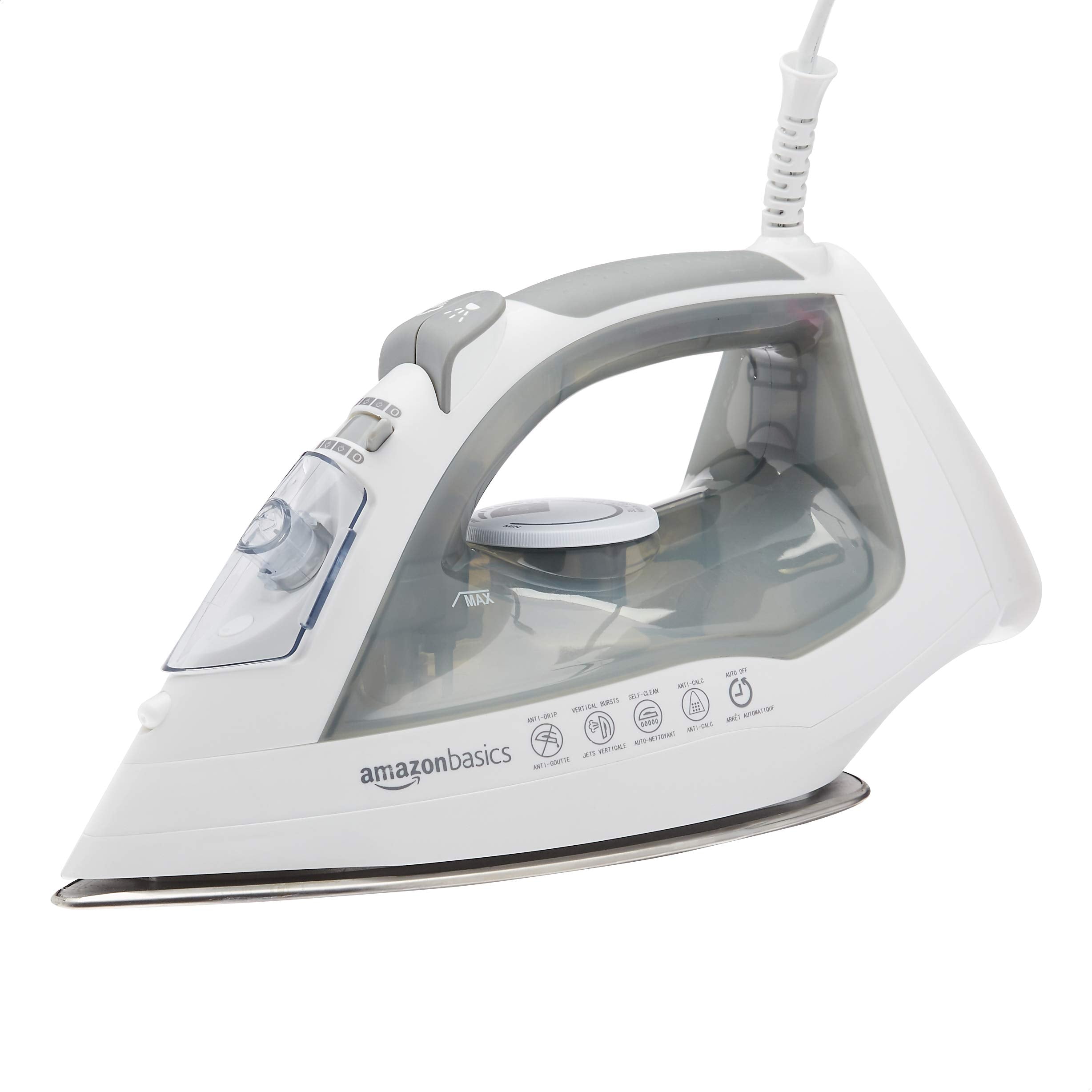 Amazon Basics steam iron with stainless steel soleplate for smooth wrinkle removal.