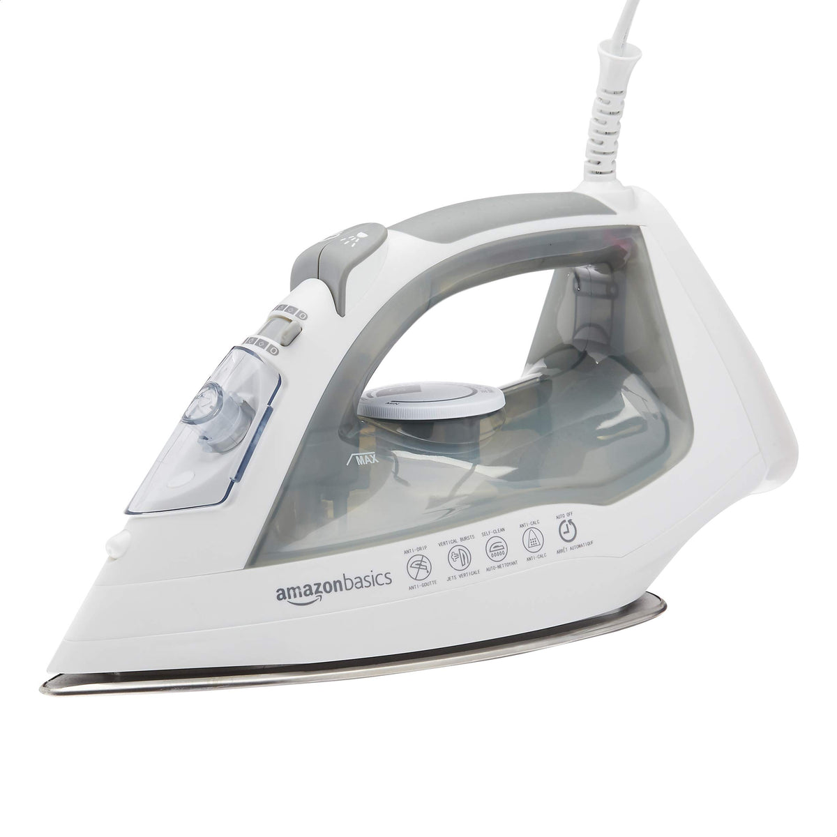 Amazon Basics steam iron with stainless steel soleplate for smooth wrinkle removal.