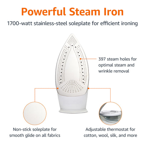 Amazon Basics iron in action with water spray function for crisp lines.