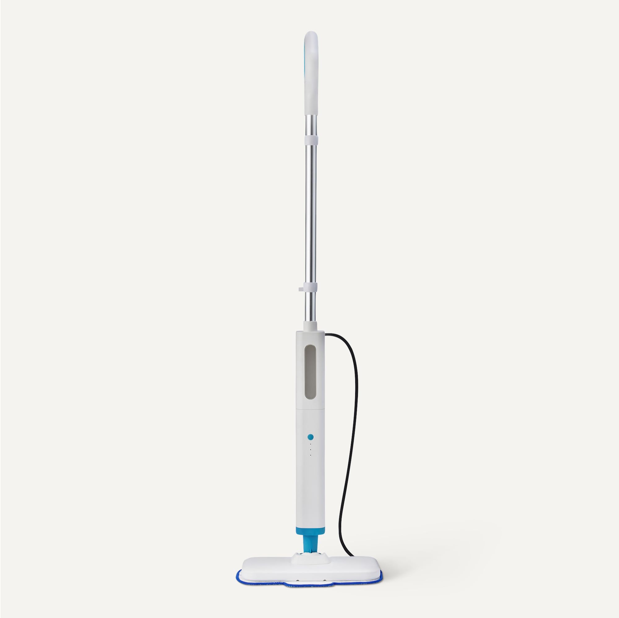 Amazon Basics steam mop demonstrates a 20-foot cord for fewer outlet changes