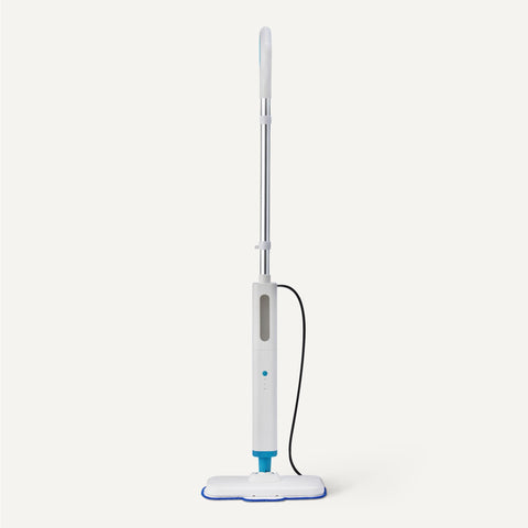 Amazon Basics steam mop demonstrates a 20-foot cord for fewer outlet changes