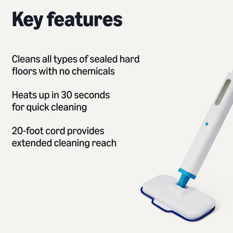 Amazon Basics steam mop heats in 30 seconds for quick cleaning