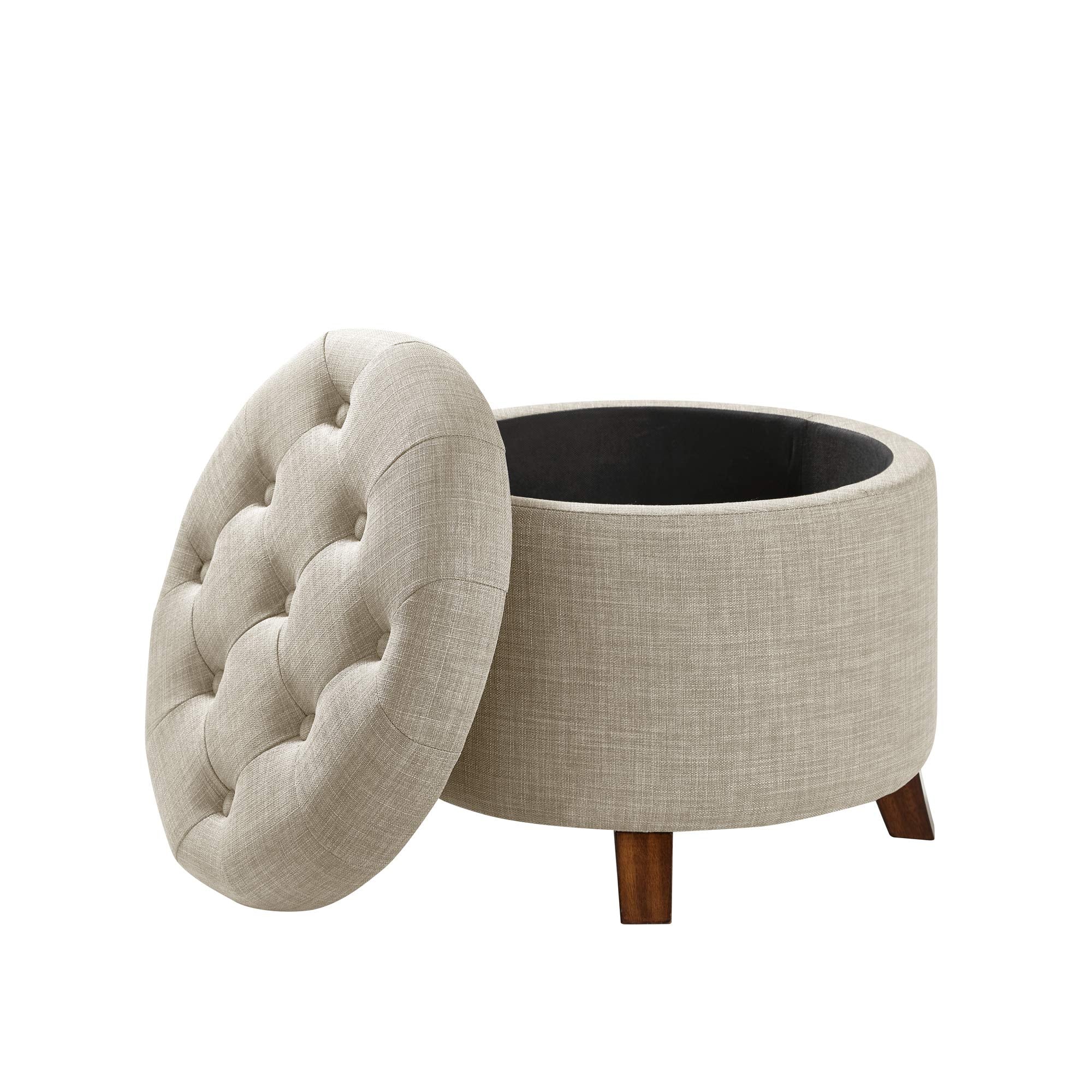 Amazon Basics storage ottoman closed compartment for remotes and blankets.