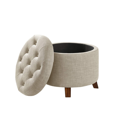 Amazon Basics storage ottoman closed compartment for remotes and blankets.